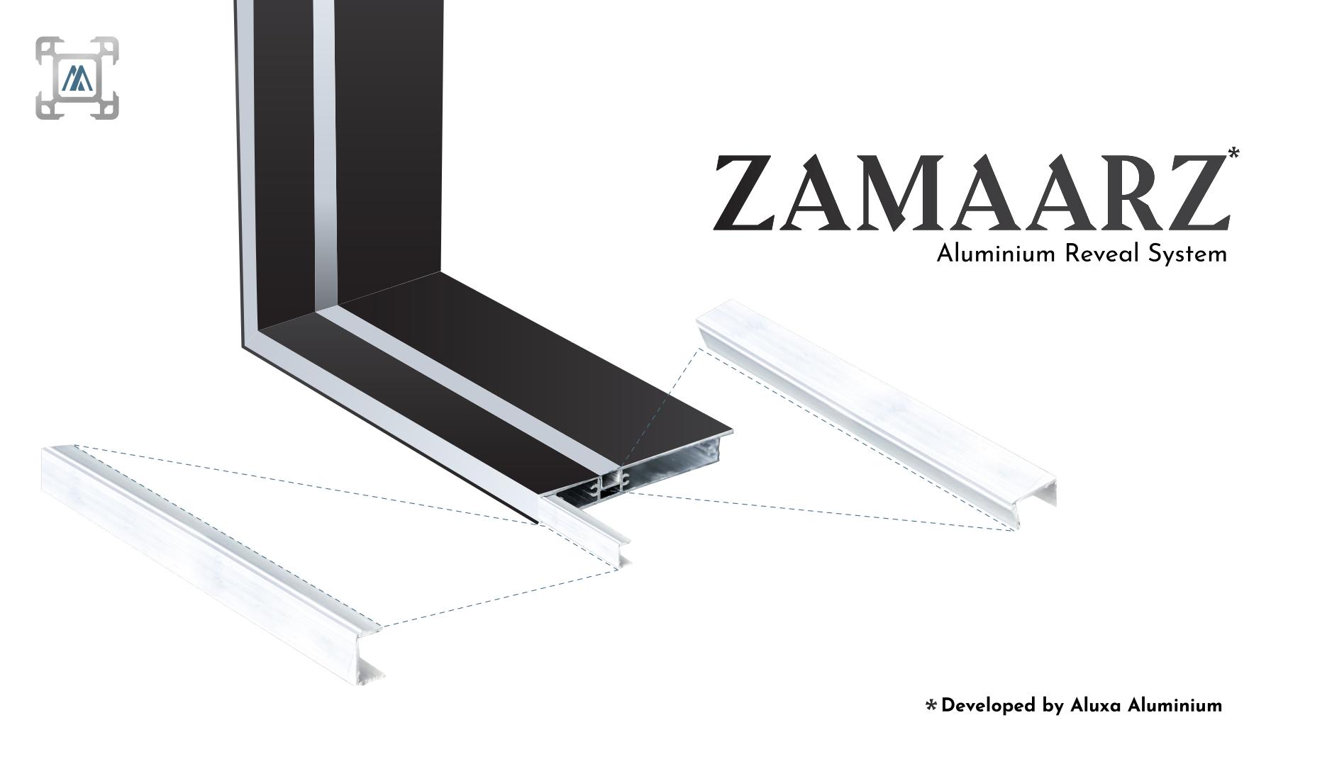 ZAMAARZ aluminium reveal system shown exploded with two extruded reveal profiles
