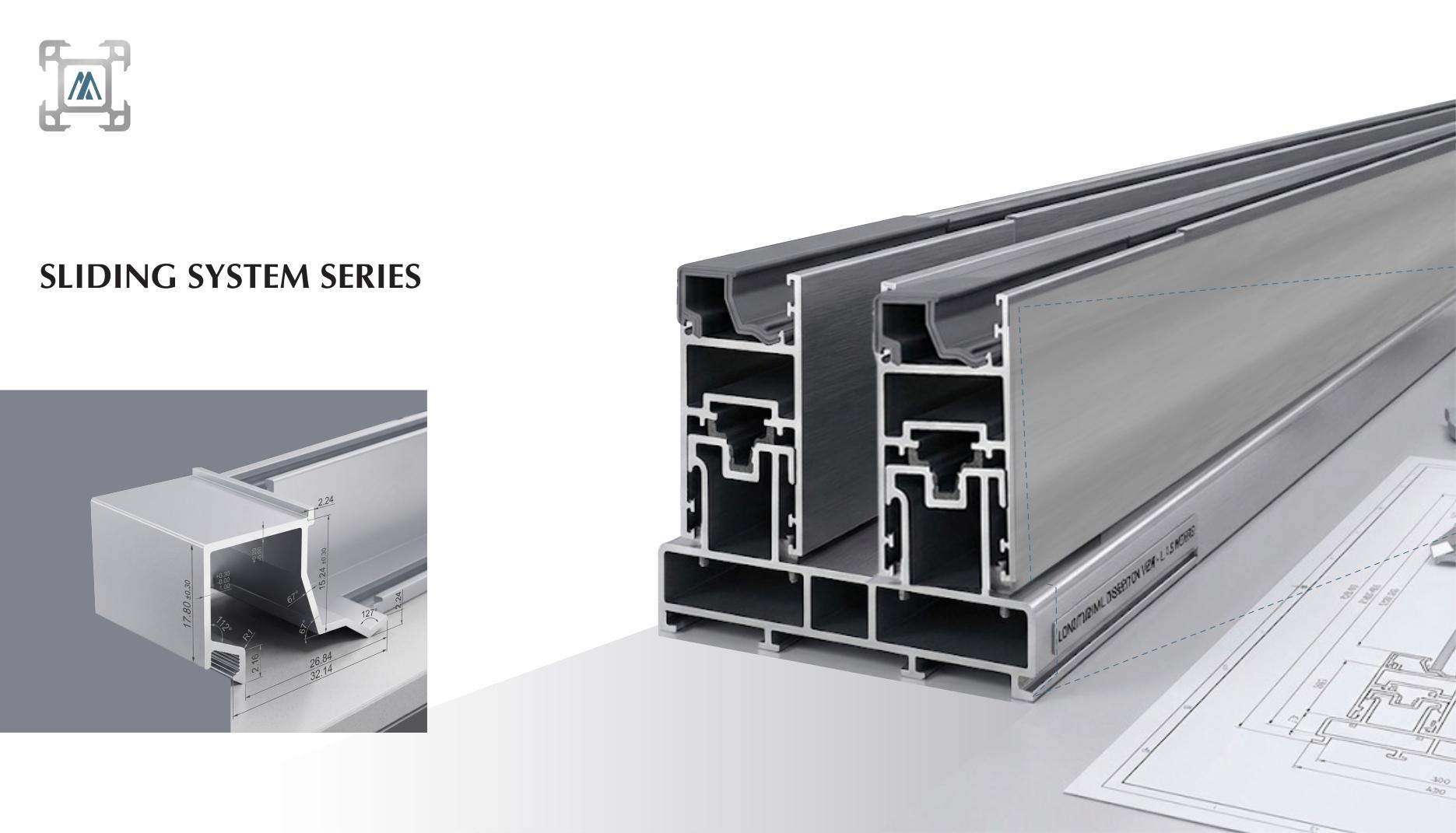 Cross-section of the Aluxa sliding system series aluminium extrusion